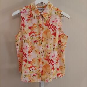 Tropical Floral Print Sleeveless Button Up Blouse 100% Silk Beach Fairy Hawaiian